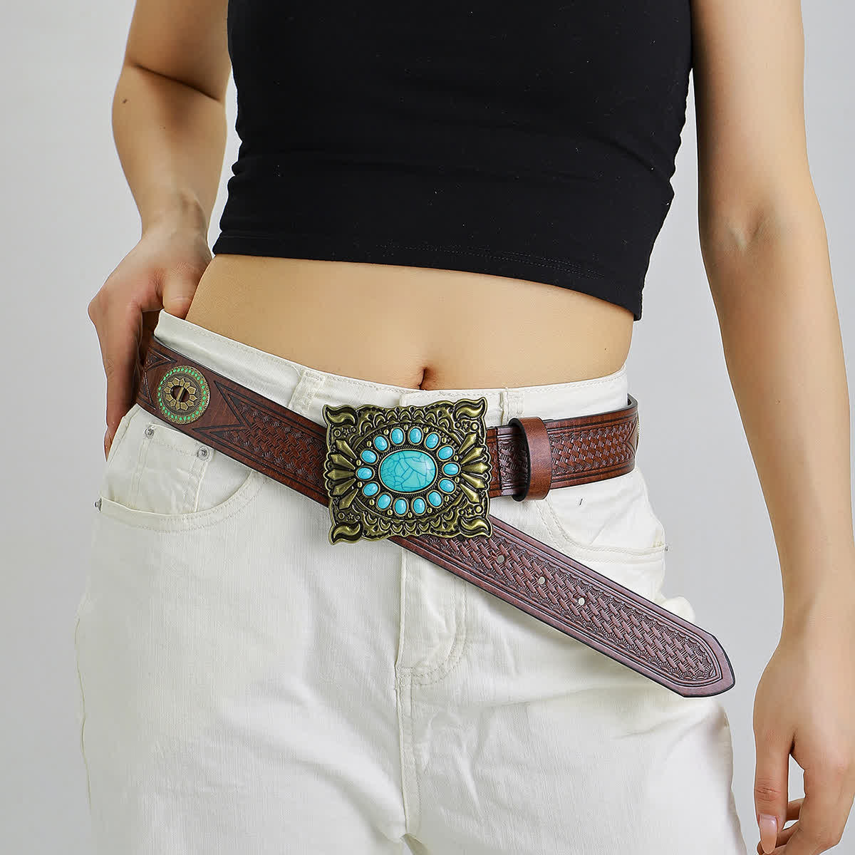 Women's Retro Western Square Turquoise Buckle Leather Belt