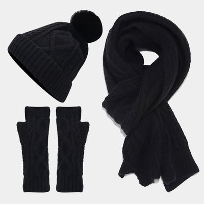 3Pcs Women's Cable Knitted Hat Scarf Fingerless Mittens Set