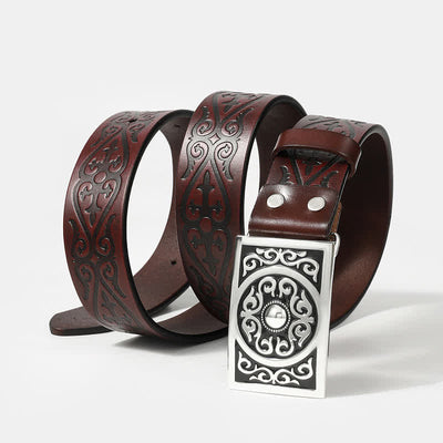 Western Carved Square Buckle Embossed Leather Belt