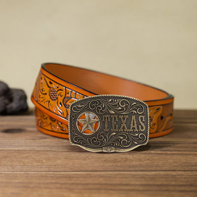 Men's DIY Texas Hollow Pentagrame Buckle Leather Belt