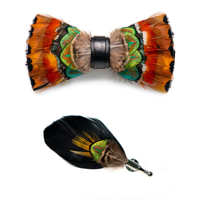 Orange Phoenix Feather Bow Tie with Lapel Pin