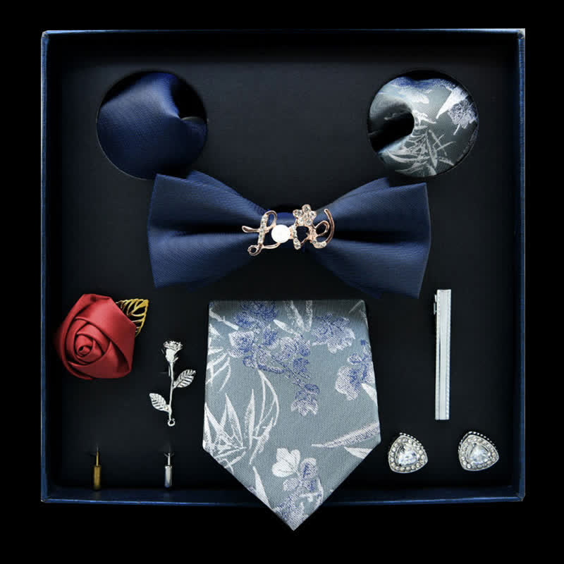 8Pcs Blue&Gray Floral Casual Necktie Bow Ties Gift Box