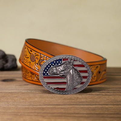 Men's DIY Horse Head American Flag Buckle Leather Belt