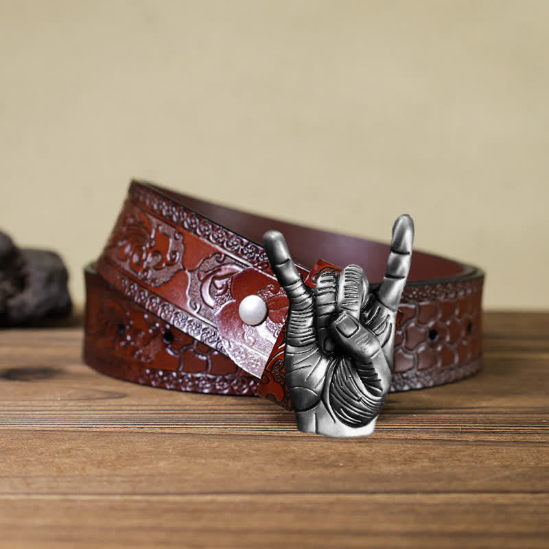 Men's DIY Cool Rock Love Gesture Buckle Leather Belt