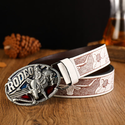 Men's Rodeo Bullfighting White Embossed Leather Belt