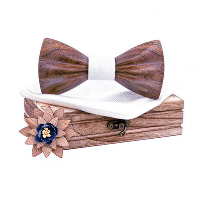 3Pcs Men's Hand Carved Crease Wooden Bow Tie Set