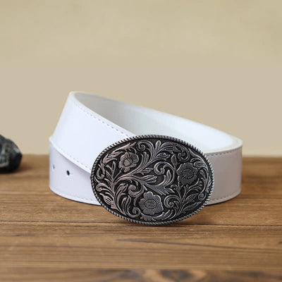 Men's DIY Classical Floral Oval Buckle Leather Belt