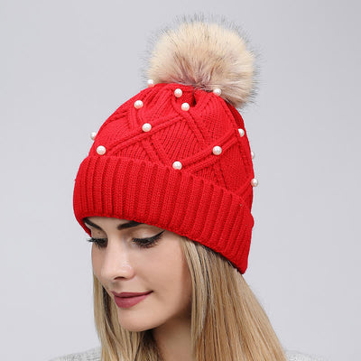 Women's Cute Pearls Deor Pompoms Stretchy Knitted Hat