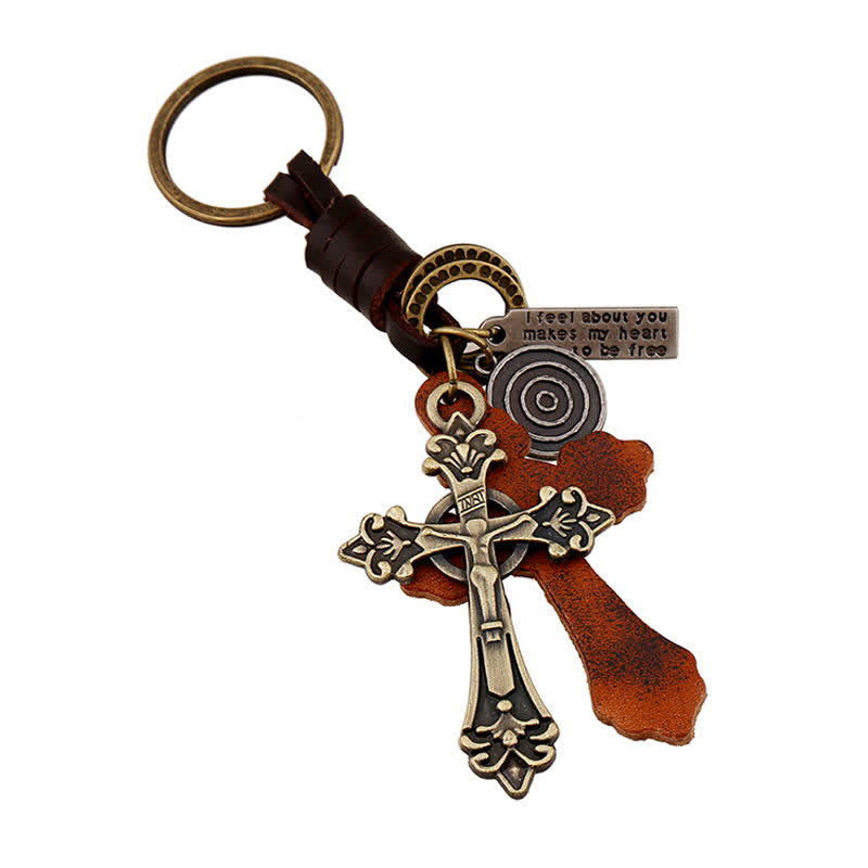 Antique Bronze Cross Pendant Leather Keychain