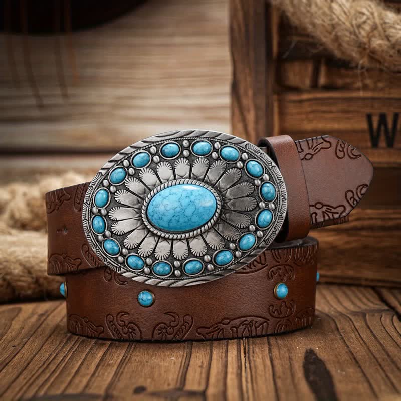 Men's Western Oval Turquoise Buckle Leather Belt