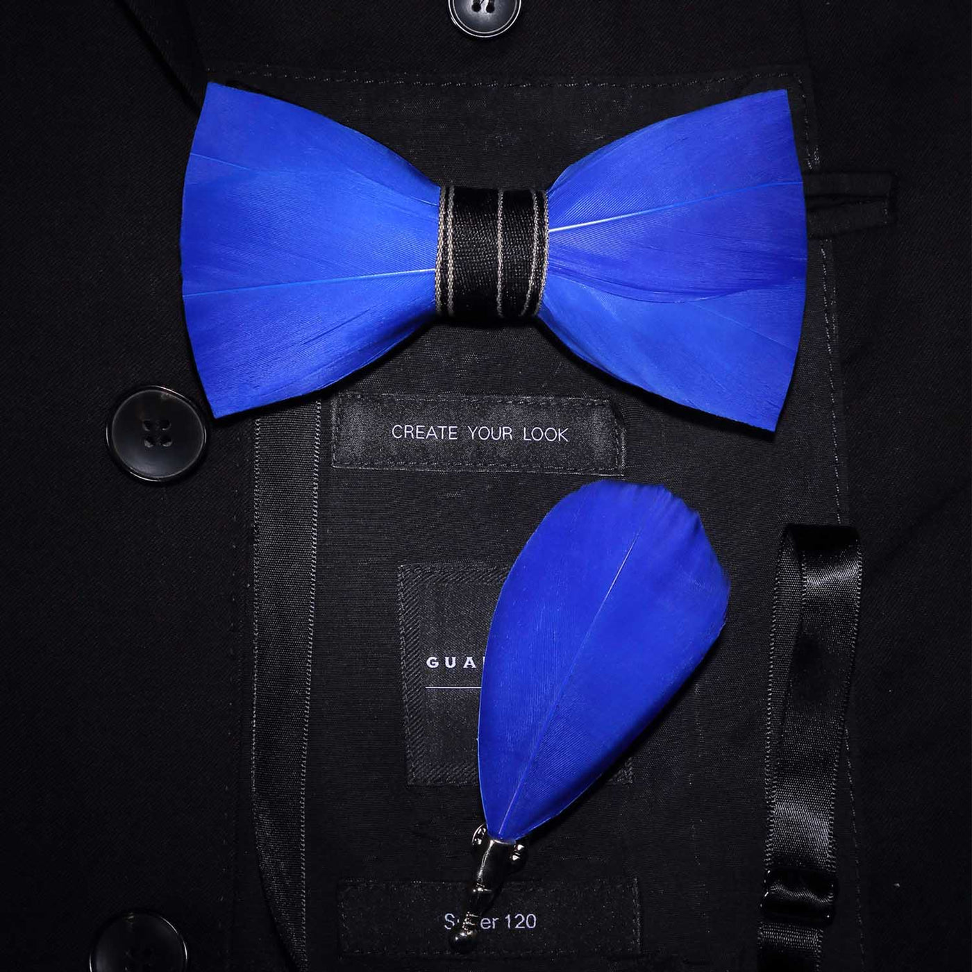 Solid Blue Mature Feather Bow Tie with Lapel Pin