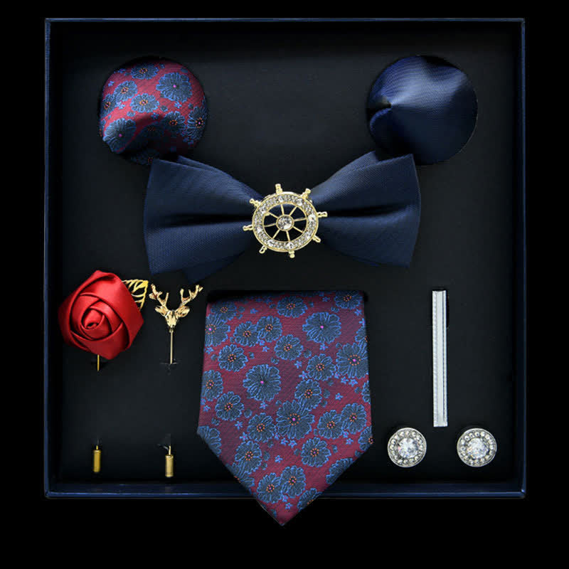 8Pcs Navy&Orchid Floral Casual Necktie Bow Ties Gift Box