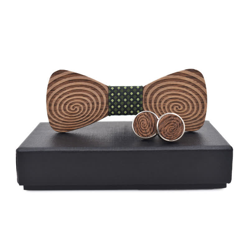 2Pcs Men's Hypnosis Swirl Printing Wooden Bow Tie Set