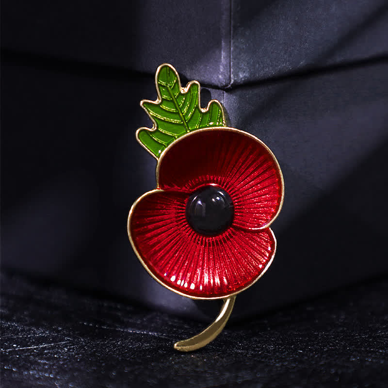 Unisex Memorial Red Poppy Leaf Brooch