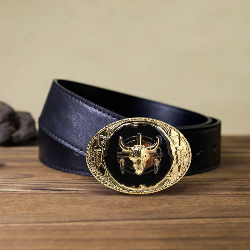 Men's DIY Gold Black Bull Head Buckle Leather Belt