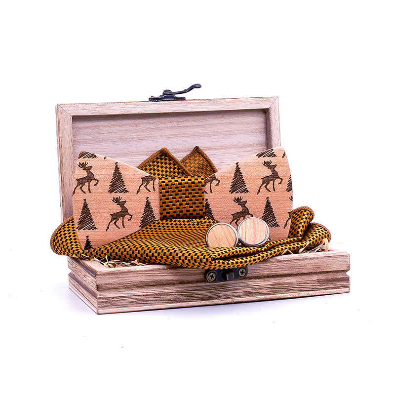 3Pcs Men's Christmas Tree Deer Pattern Wooden Bow Tie Set