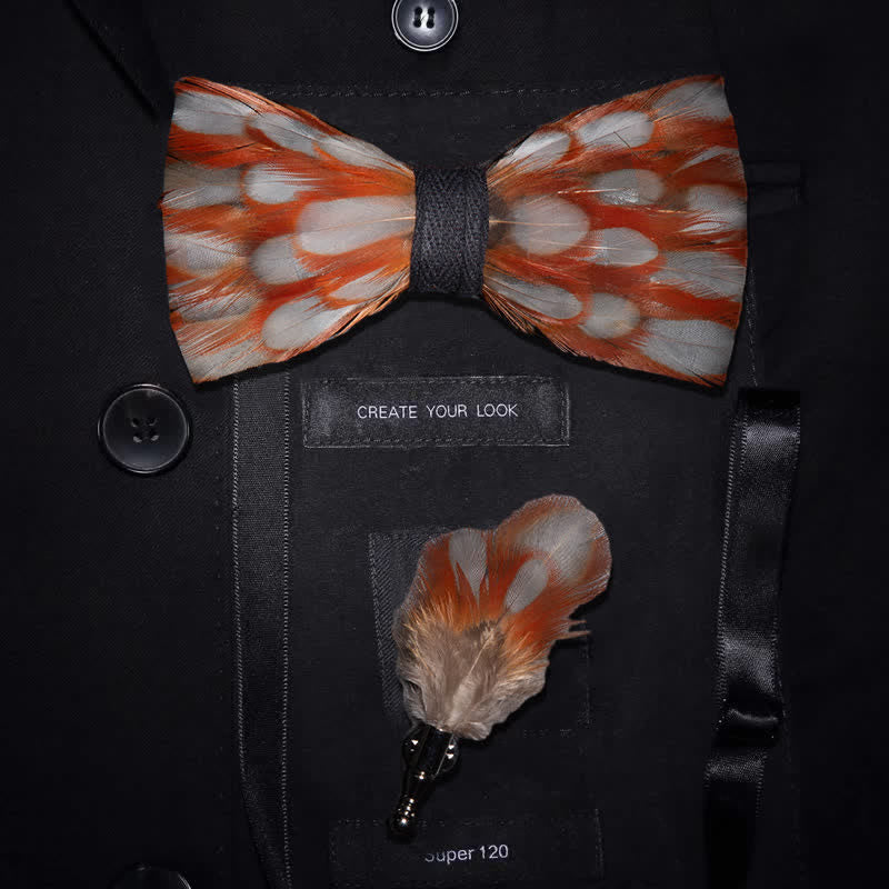 Orange & White Warmth Feather Bow Tie with Lapel Pin