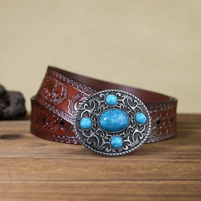 Men's DIY Western Cowboy Turquoise Buckle Leather Belt
