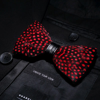 Red Polka Dots Feather Bow Tie with Lapel Pin
