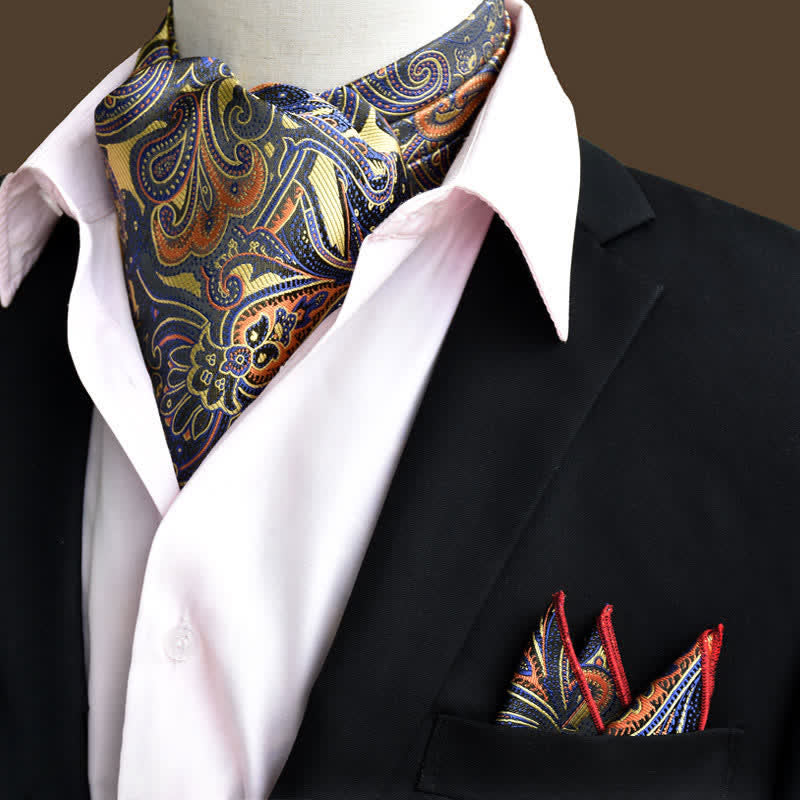 2Pcs Orange&Navy Luxury Floral Paisley Pocket Square and Cravat Set