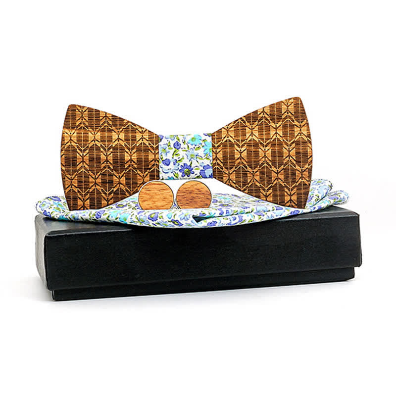 3Pcs Men's Carving Crown Wooden Bow Tie Set