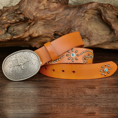 Men's Punk Rivet Longhorn Bull Turquoise Real Leather Belt