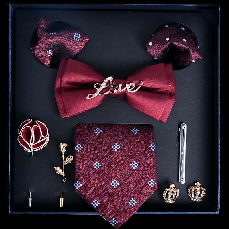 8Pcs Red&Burgundy Luxury Noble Print Bow Ties Gift Box