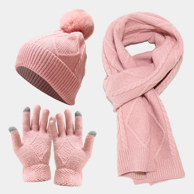 3Pcs Women's Diamond Poms Beanie Hat Scarf Gloves Set