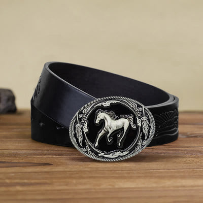 Men's DIY Silver Black Running Horse Buckle Leather Belt