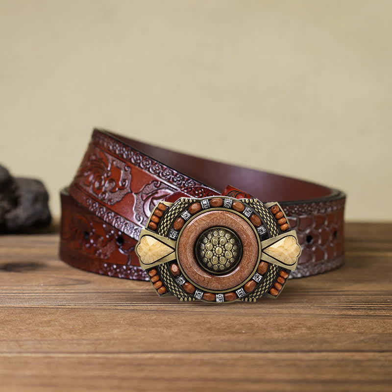 Men's DIY Indian Wood Bead Buckle Leather Belt
