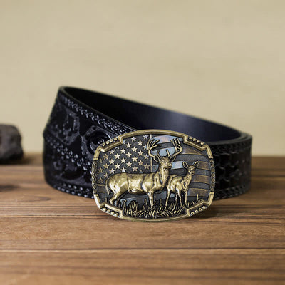 Men's DIY Deer Hunter American Flag Buckle Leather Belt