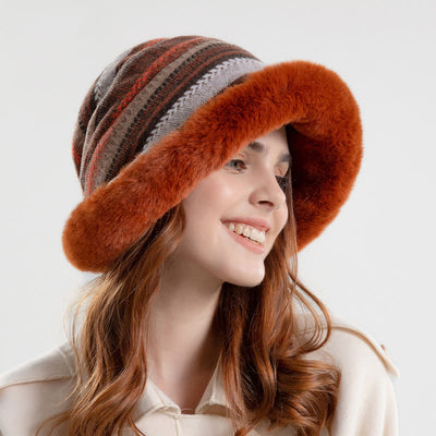 Women's Striped Warm Plush Brim Bucket Hat