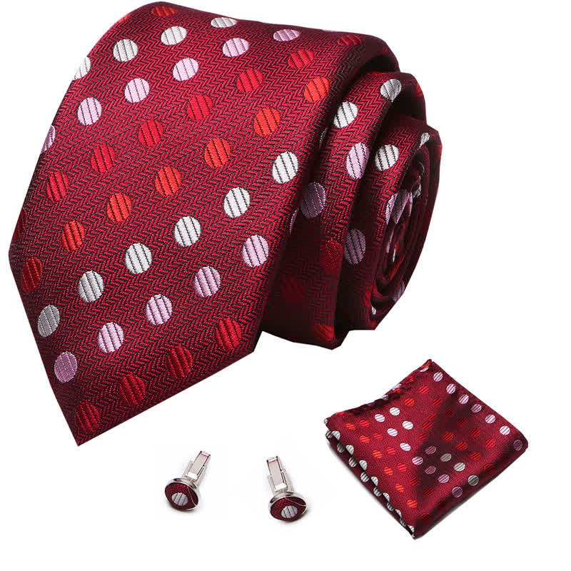3Pcs Men's Bright Red & White Polka Necktie Set
