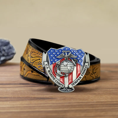 Men's DIY USA Marine Flag Buckle Leather Belt