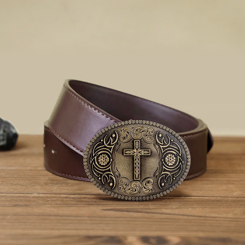 Men's DIY Faith Cross Floral Buckle Leather Belt