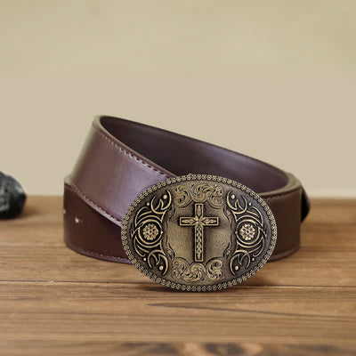 Men's DIY Faith Cross Floral Buckle Leather Belt