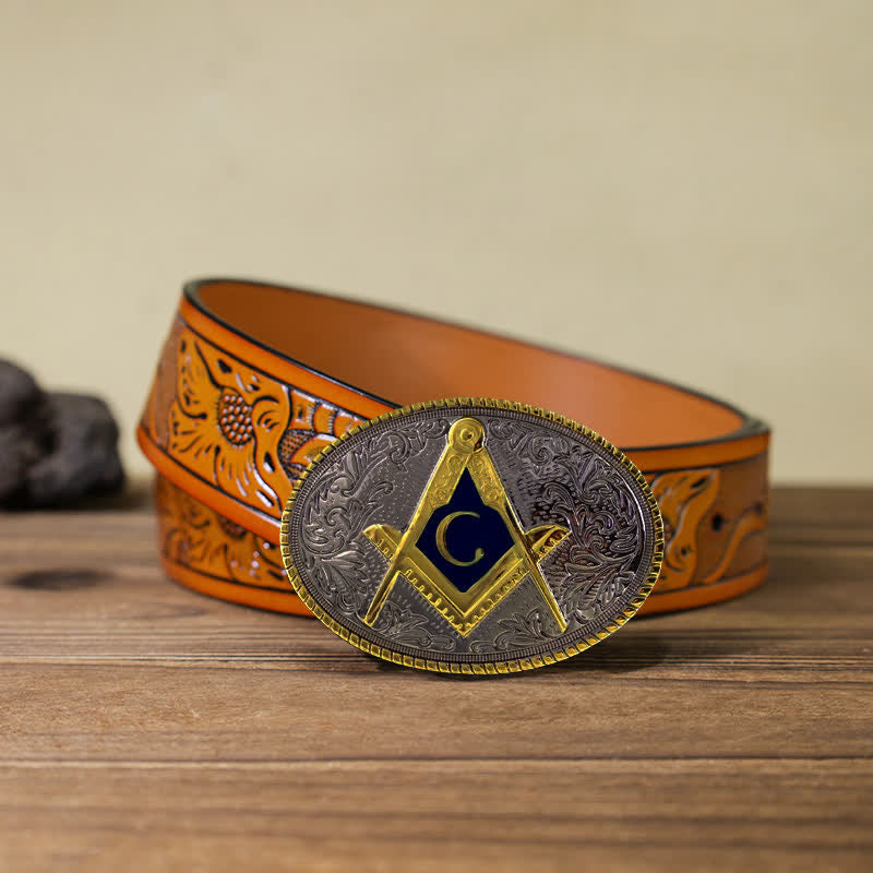 Men's DIY C-Shaped Masonic Oval Buckle Leather Belt