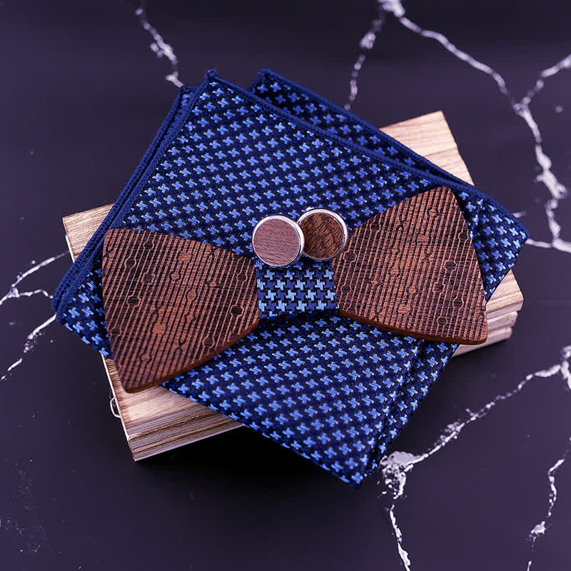 3Pcs Men's Hollow Leaves-shaped Wooden Bow Tie Set