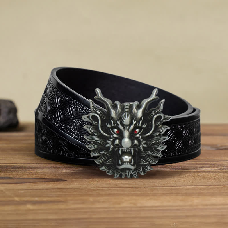 Men's DIY Fiery Dragon White Pearl Buckle Leather Belt