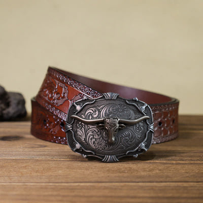 Men's DIY Silver Longhorn Bull Square Buckle Leather Belt