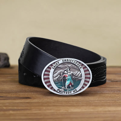 Men's DIY Saint Christopher Protect Us Buckle Leather Belt