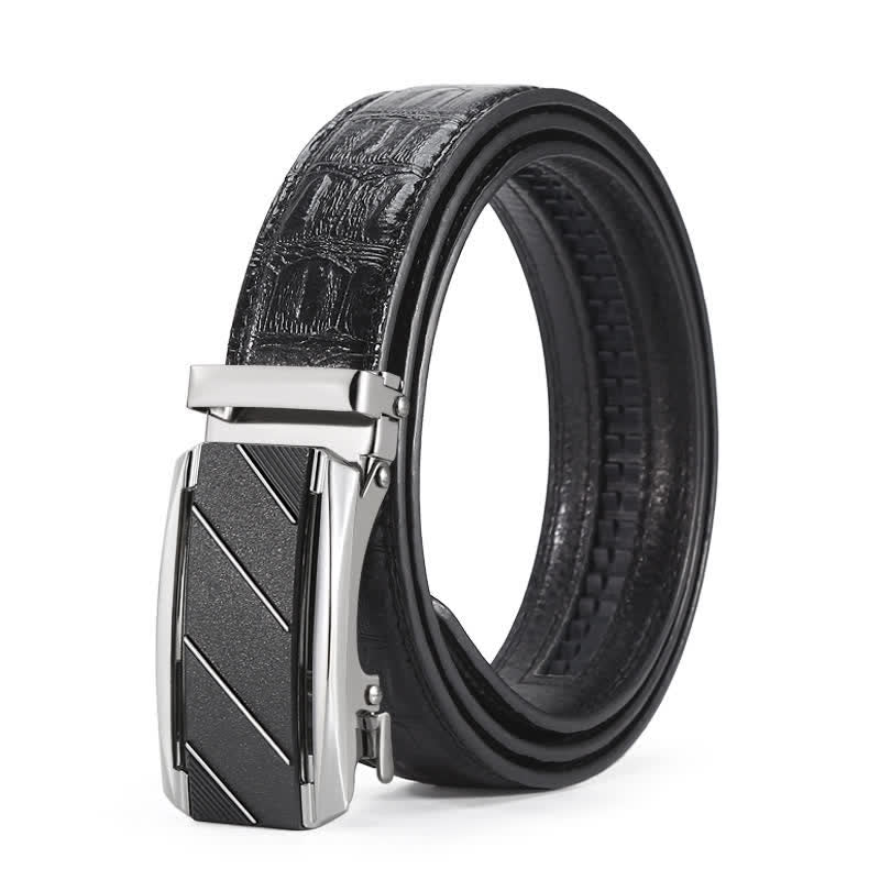 Men's Black & Silver Crocodile Print Automatic Buckle Leather Belt