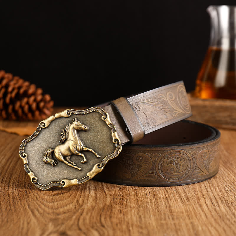 Men's Black Silver Running Horse Leather Belt