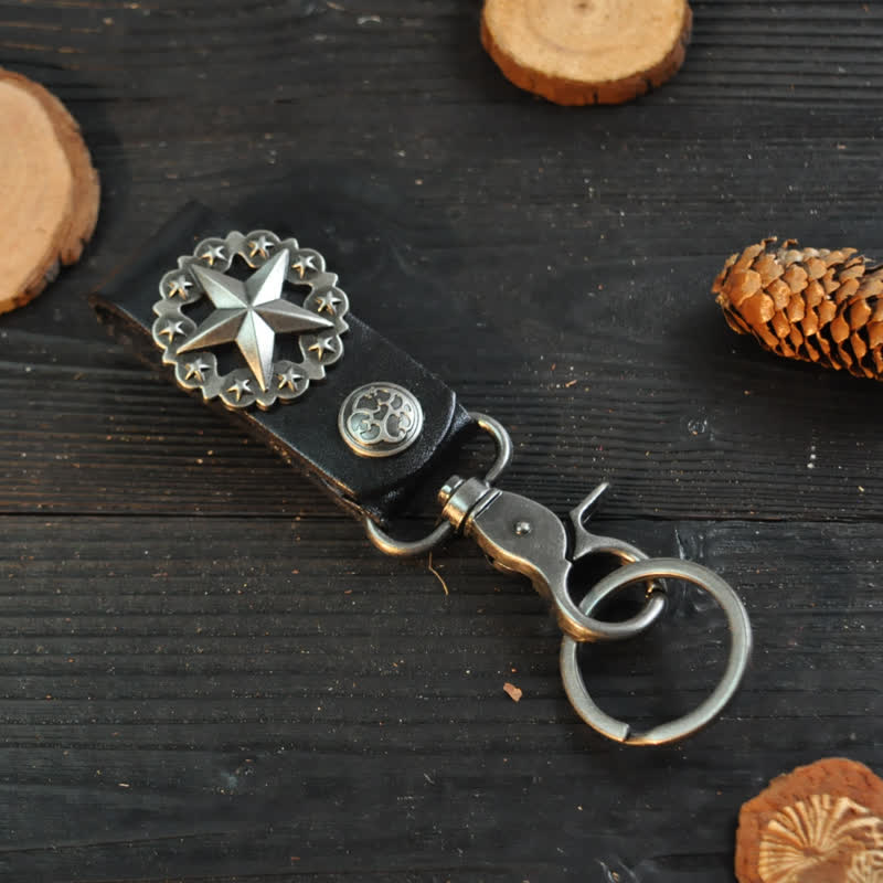 Lone Star Badge Cowhide Leather Keychain