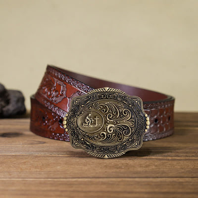 Men's DIY Engraved Floral Earnest Prayer Buckle Leather Belt