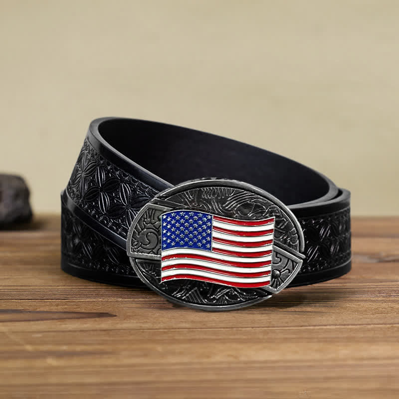 Men's DIY American Flag Hidden Folding Knife Leather Belt