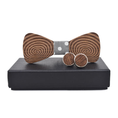 2Pcs Men's Hypnosis Swirl Printing Wooden Bow Tie Set