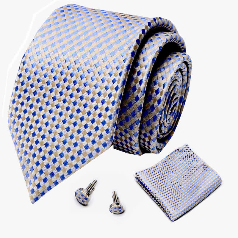 3Pcs Men's Yellow & Blue Woven-like Check Necktie Set
