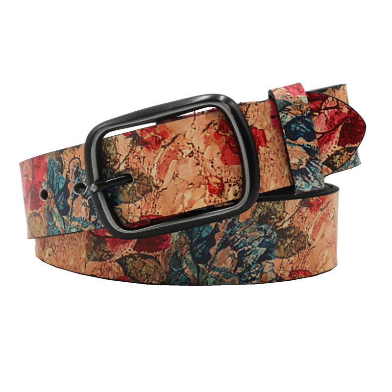 Coral & Red Rose Botanical Printed Leather Belt