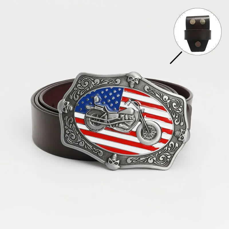 Men's Motorcycle American Flag Skull Leather Belt